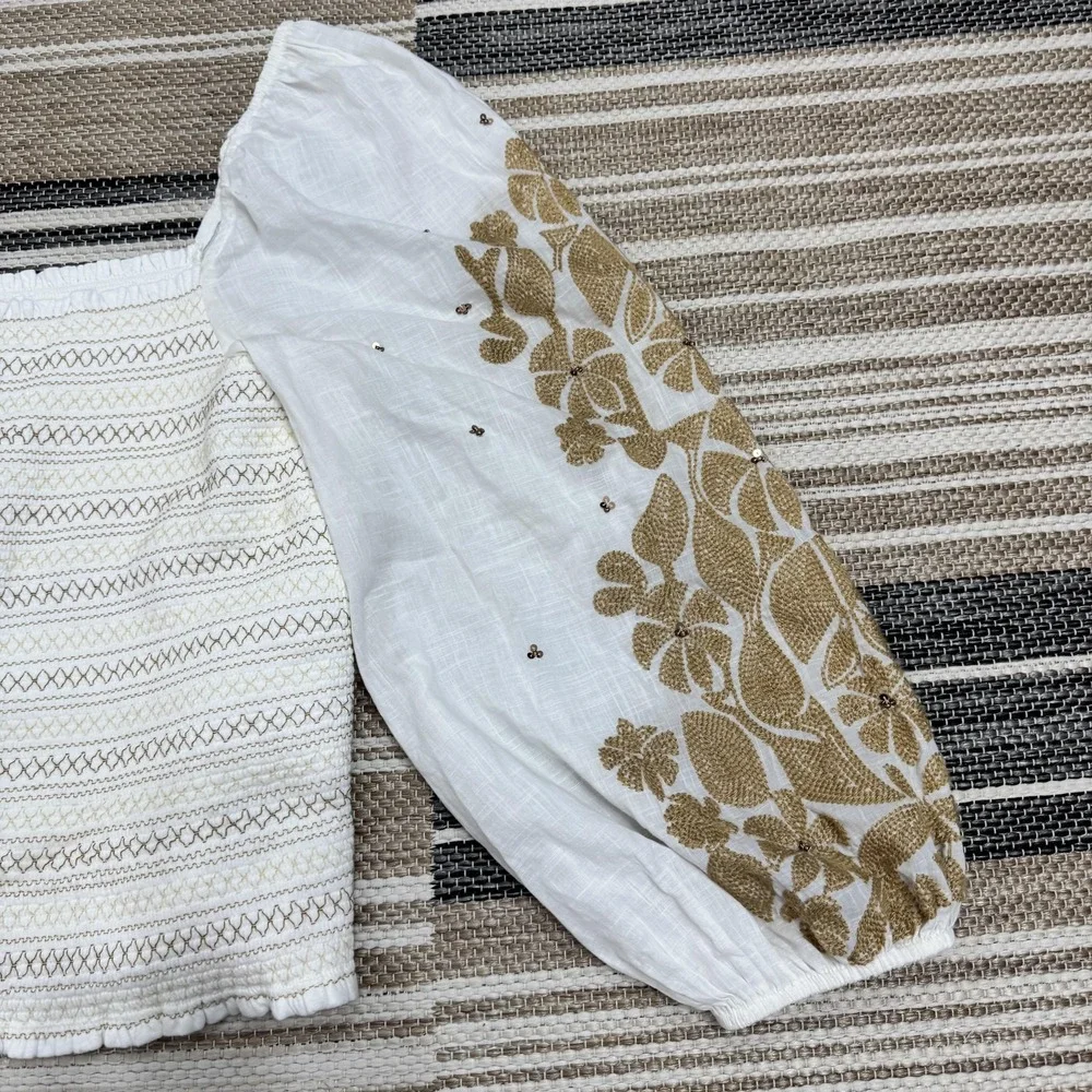 Anthropologie Women's XL White Smocked Embroidered Puff Sleeve Square Neck Top‎